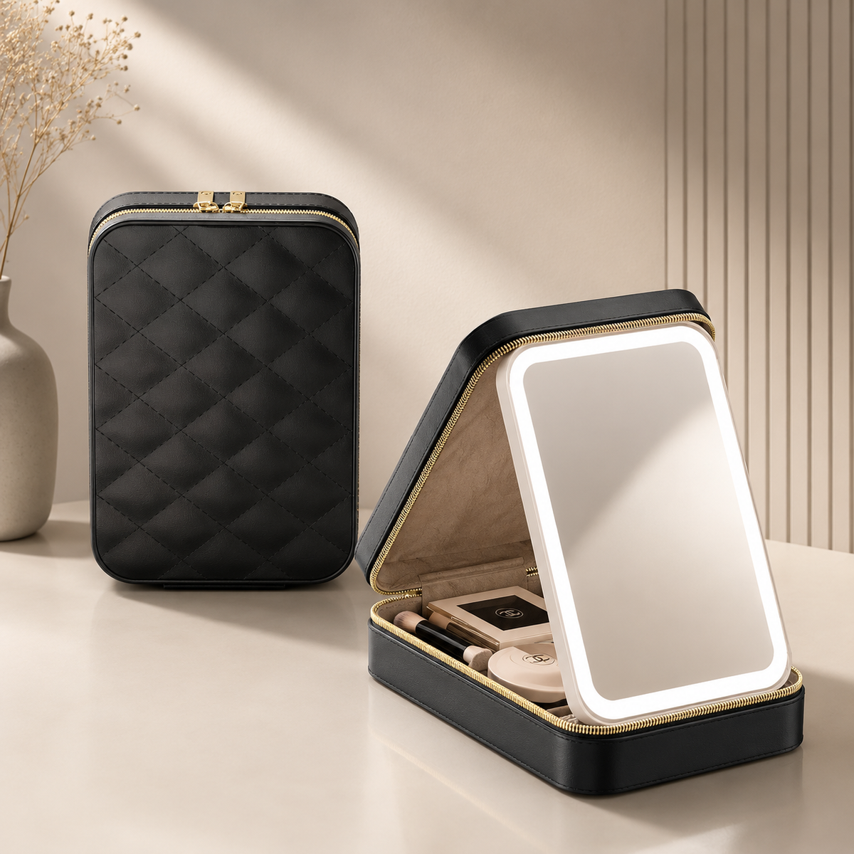 Elegant makeup bag with mirror and LED lighting