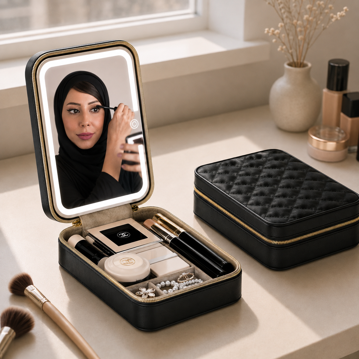 Elegant makeup bag with mirror and LED lighting