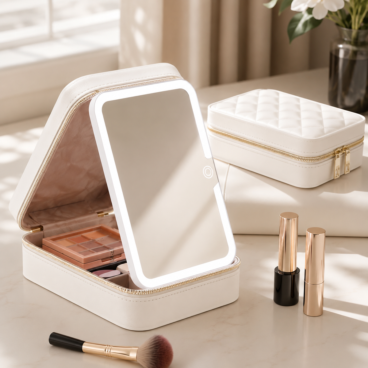 Elegant makeup bag with mirror and LED lighting