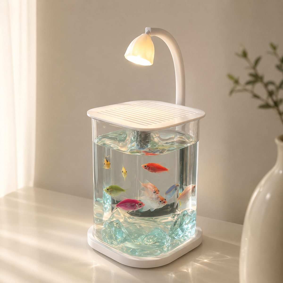 Small aquarium with decorative lighting