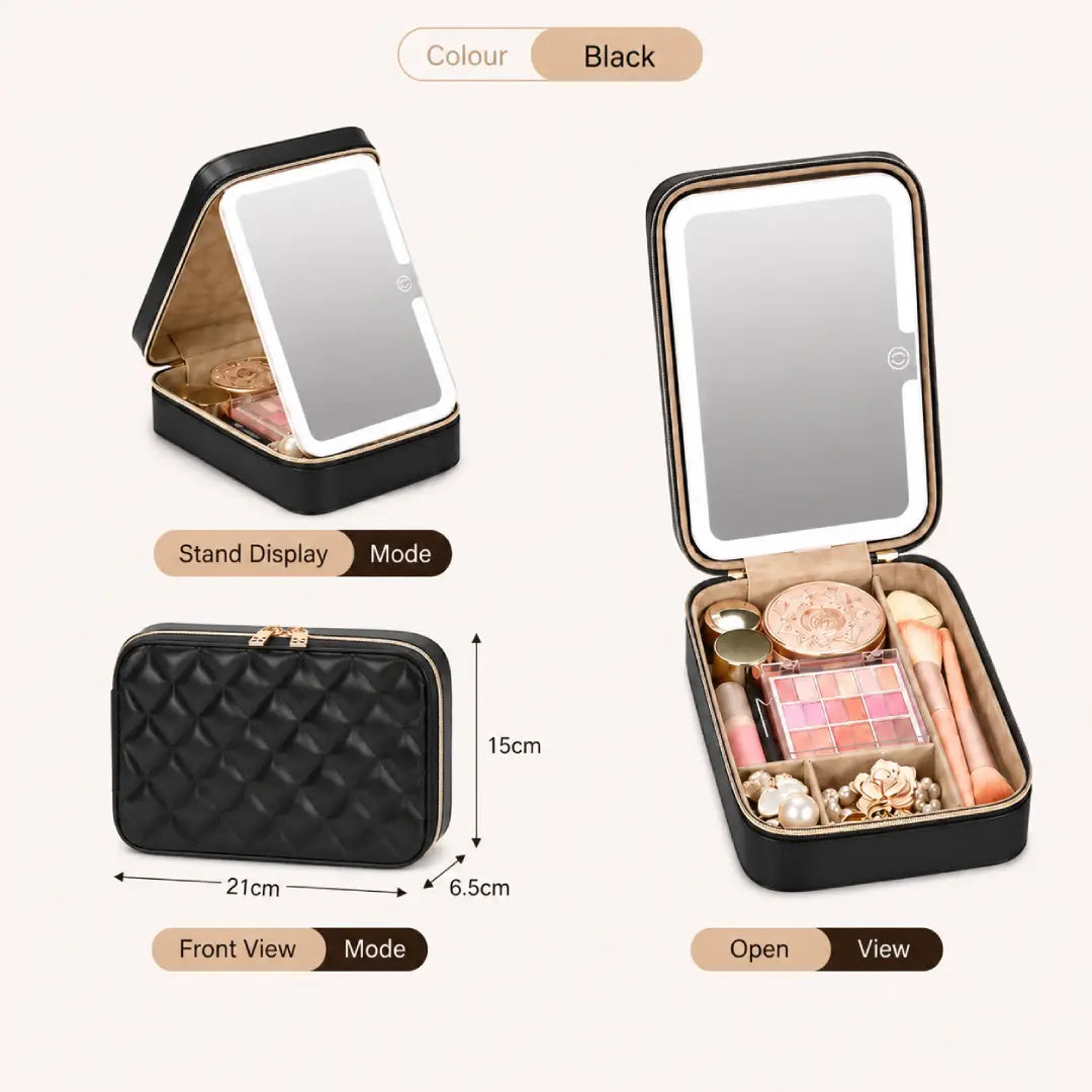 Elegant makeup bag with mirror and LED lighting